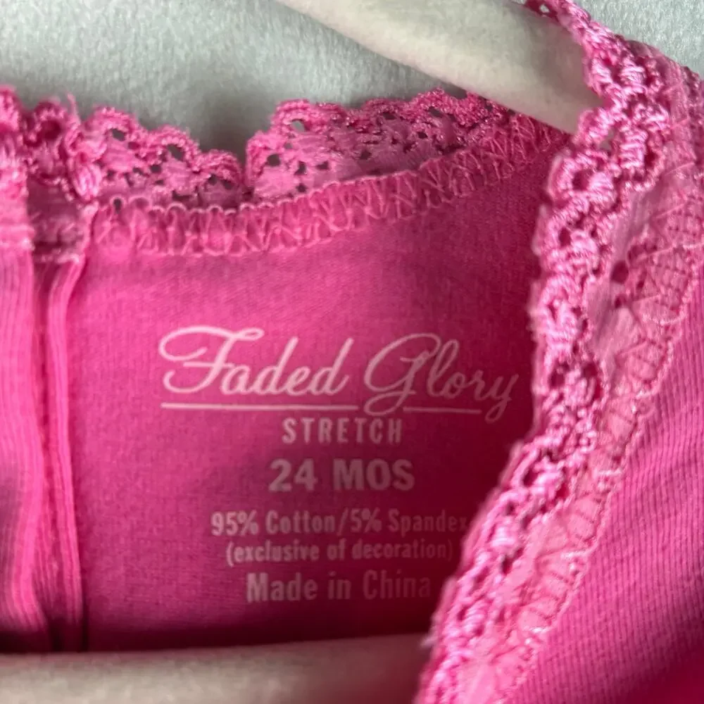Faded Glory Bodysuit Onesie Baby Girls 24 Months Pink Lace Trim Floral Coquette
